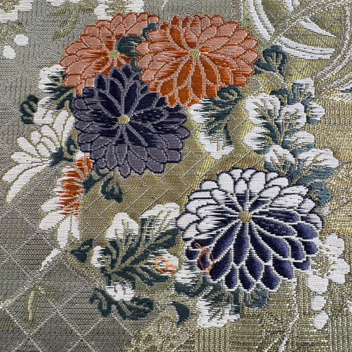 袋帶 秀品級 花丸紋 櫻花 刺繡 金絲 灰綠 六通 純蠶絲