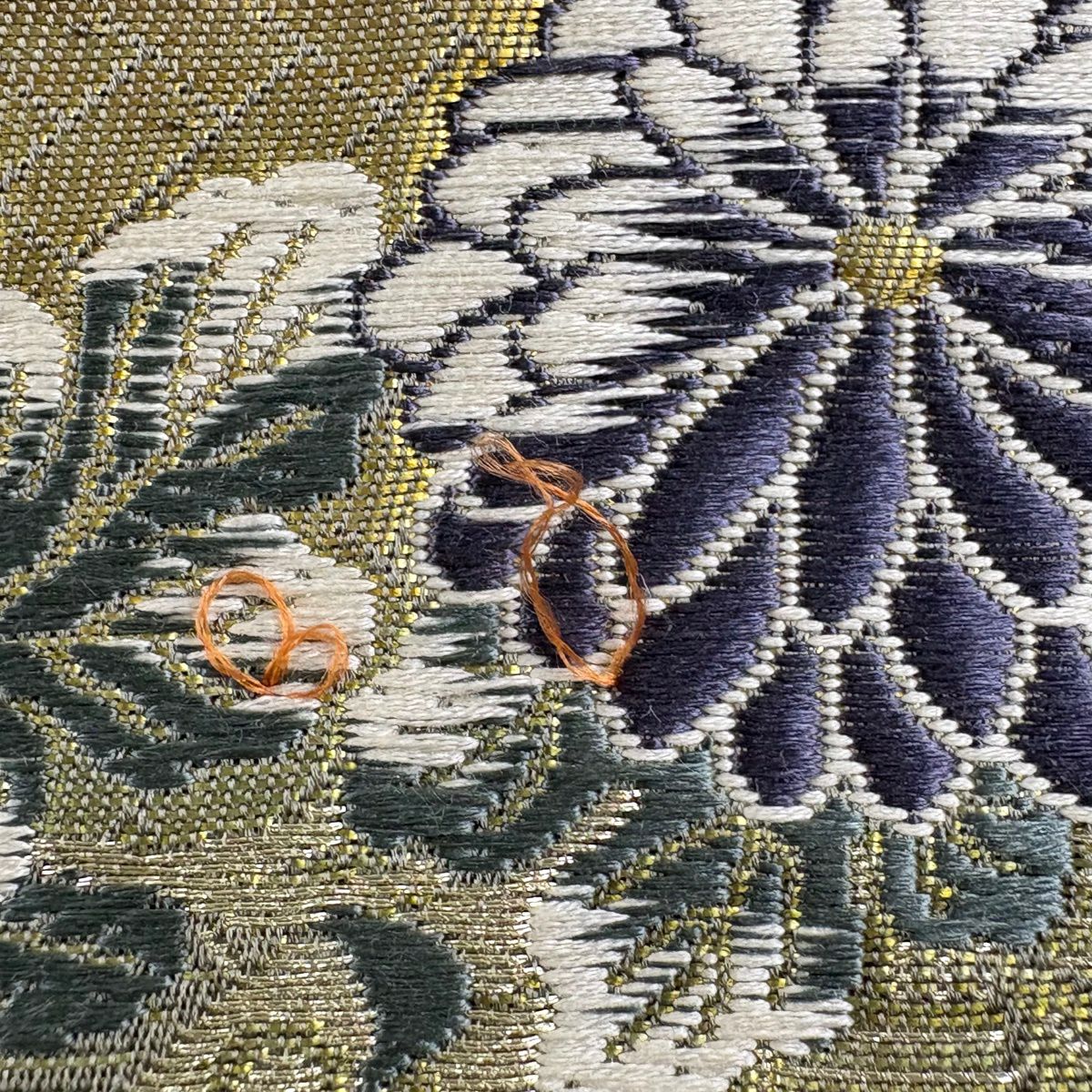 袋帶 秀品級 花丸紋 櫻花 刺繡 金絲 灰綠 六通 純蠶絲