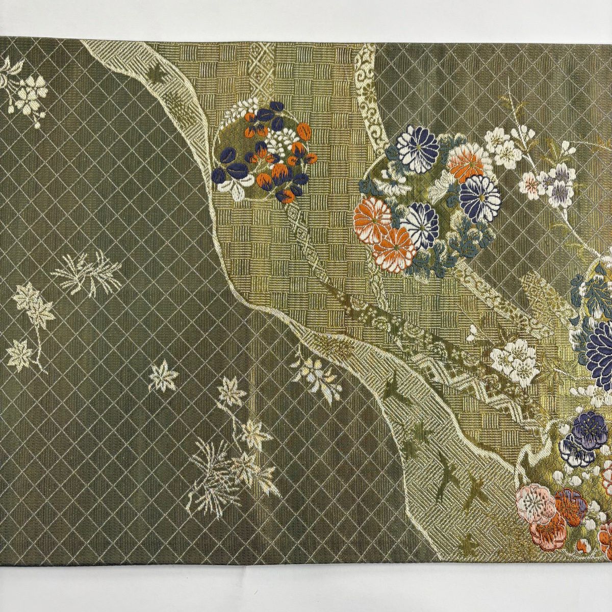 袋帶 秀品級 花丸紋 櫻花 刺繡 金絲 灰綠 六通 純蠶絲