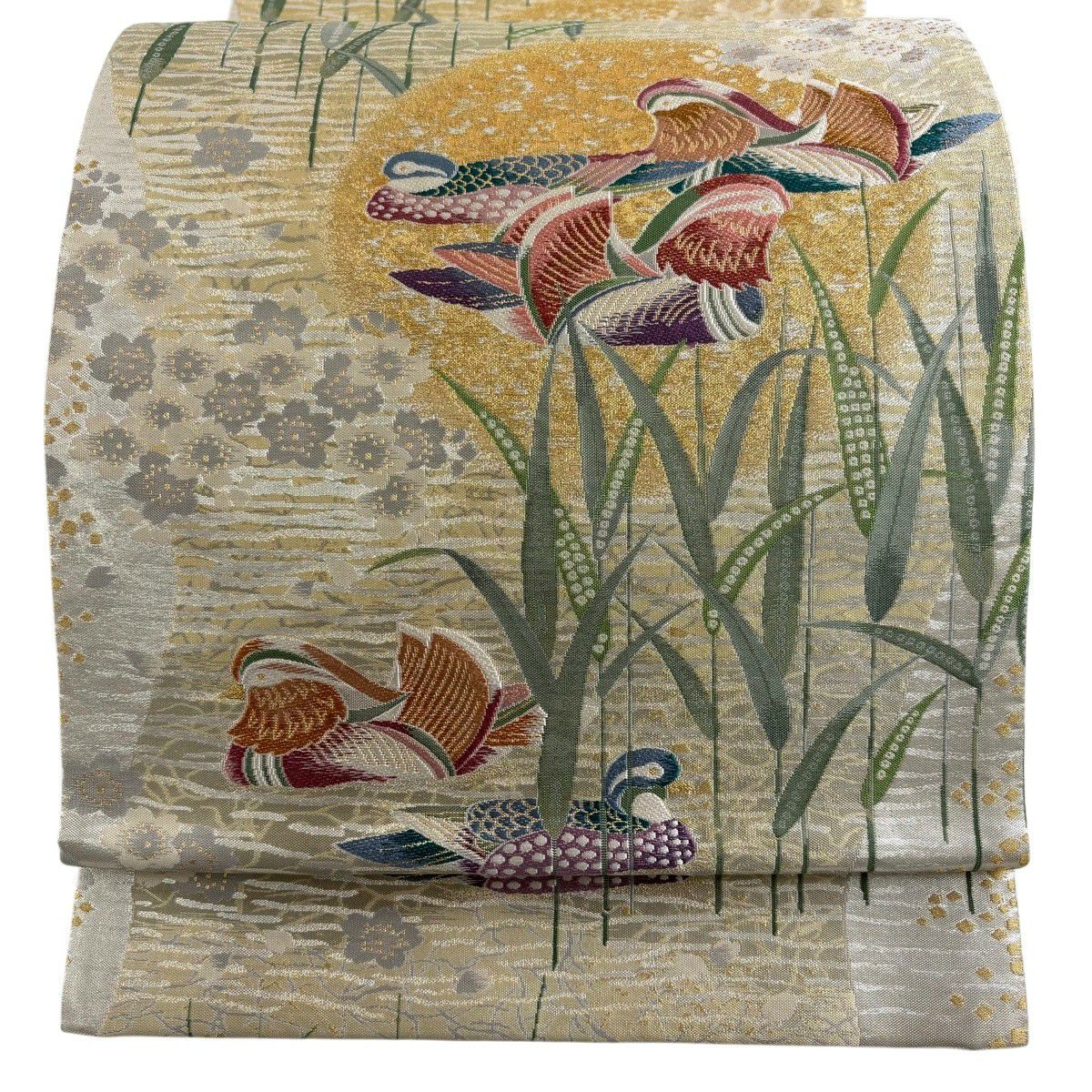 【美品】 袋帶 秀品級 鴛鴦 櫻花 刺繡 金金箔 金色 六通 純蠶絲