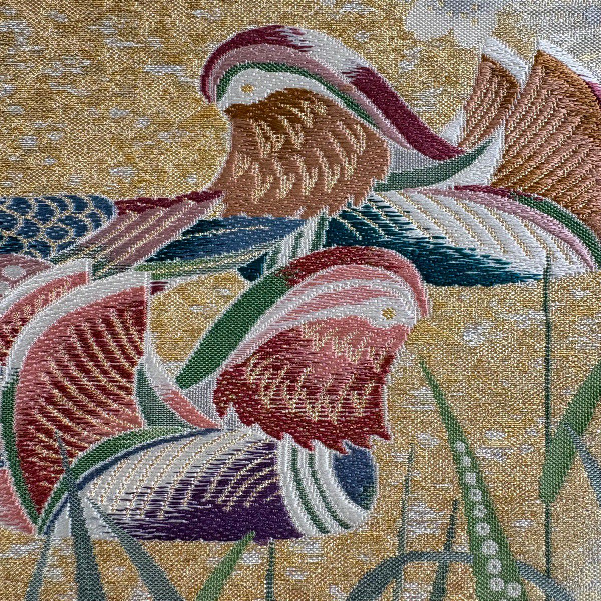 【美品】 袋帶 秀品級 鴛鴦 櫻花 刺繡 金金箔 金色 六通 純蠶絲