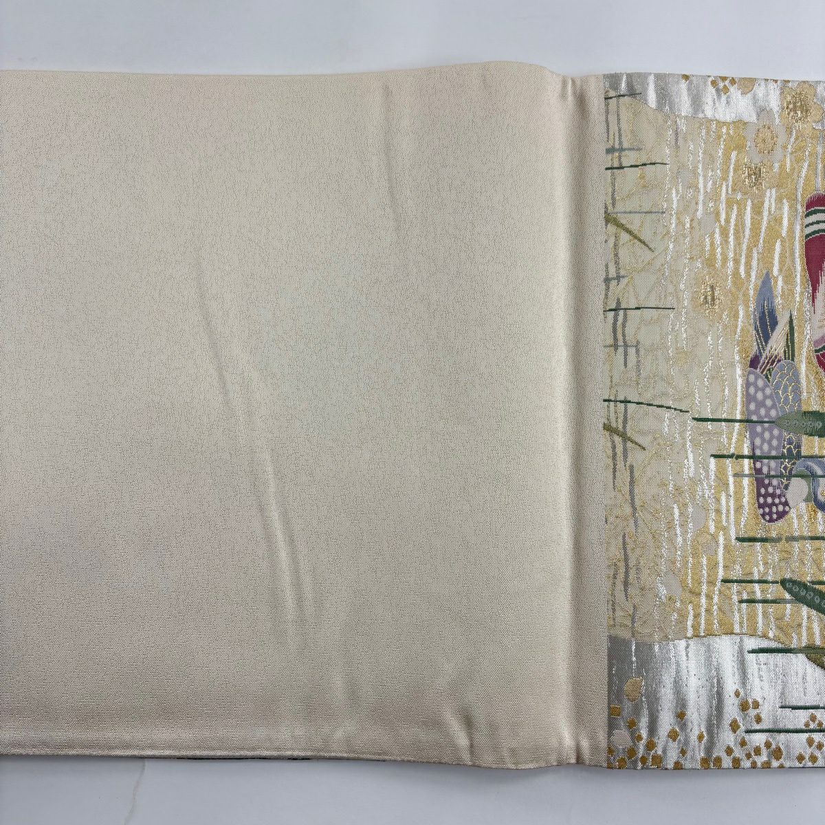 【美品】 袋帶 秀品級 鴛鴦 櫻花 刺繡 金金箔 金色 六通 純蠶絲