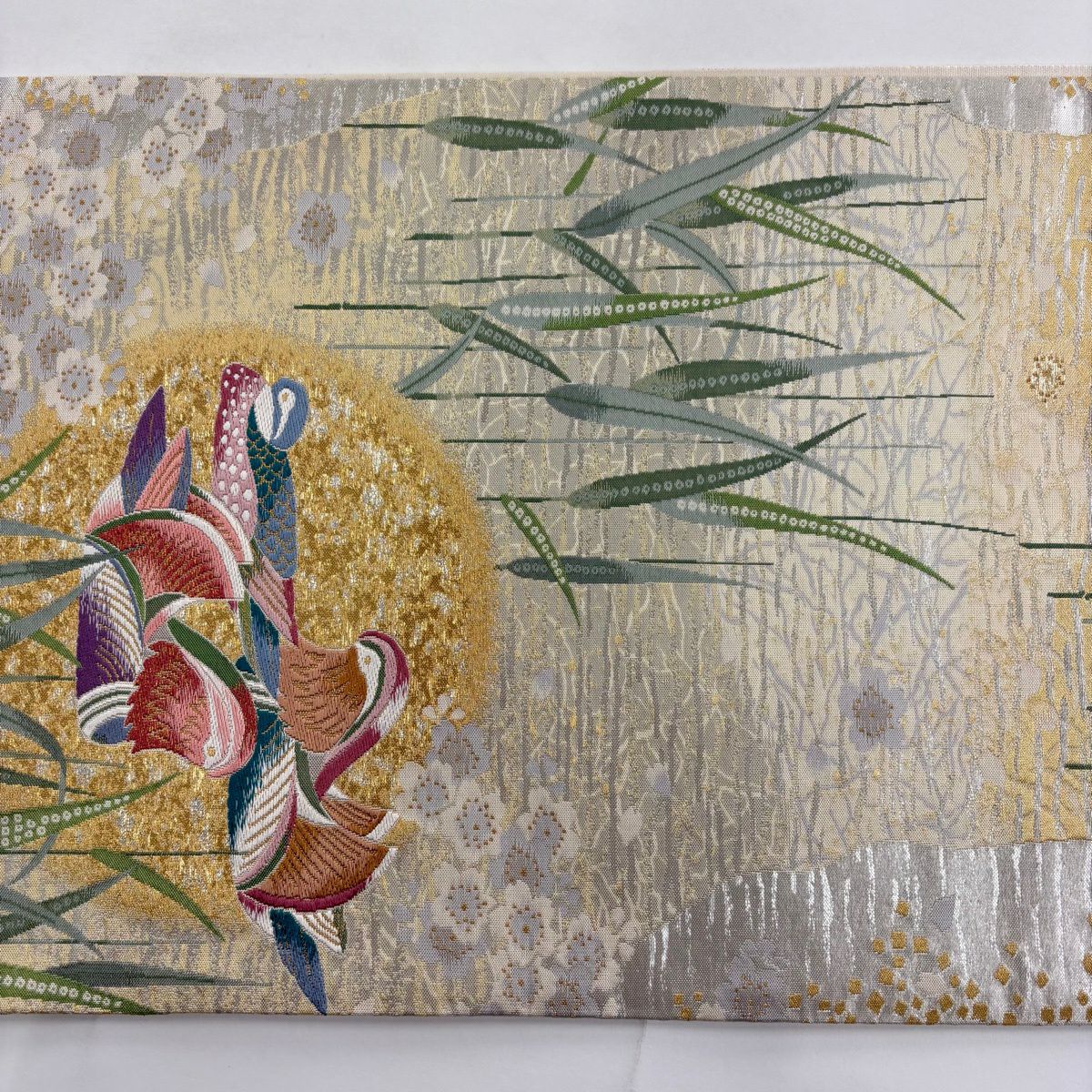 【美品】 袋帶 秀品級 鴛鴦 櫻花 刺繡 金金箔 金色 六通 純蠶絲