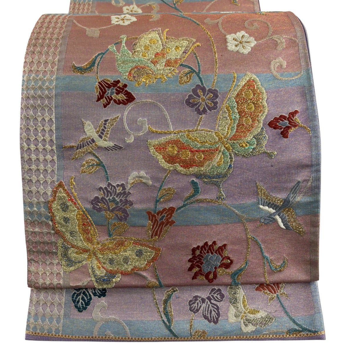 【美品】 袋帶 秀品級 關西仕立 雛蝶 花鳥 刺繡 金金箔 紫 六通 純蠶絲