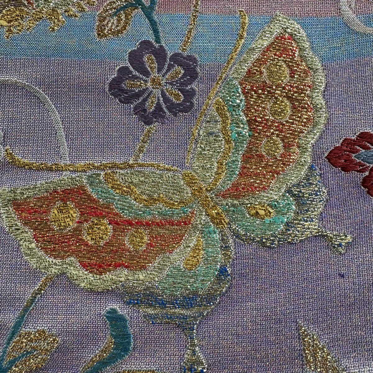 【美品】 袋帶 秀品級 關西仕立 雛蝶 花鳥 刺繡 金金箔 紫 六通 純蠶絲
