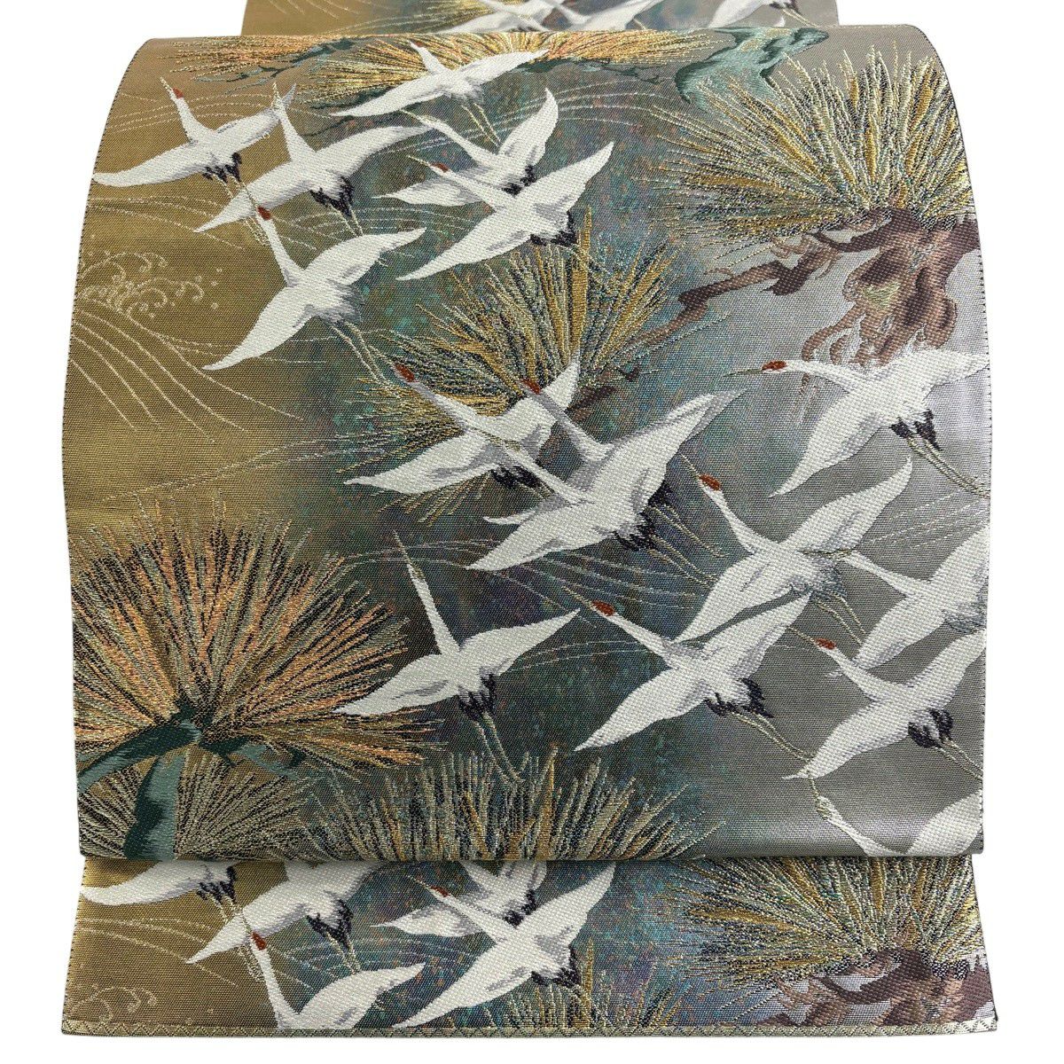 【美品】 袋帶 秀品級 翔仙鶴老松樹紋 波 刺繡 金銀彩 灰綠 六通 純蠶絲