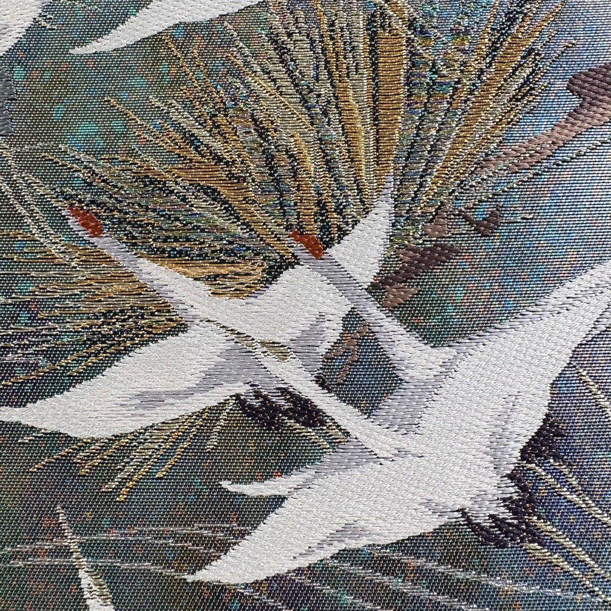 【美品】 袋帶 秀品級 翔仙鶴老松樹紋 波 刺繡 金銀彩 灰綠 六通 純蠶絲