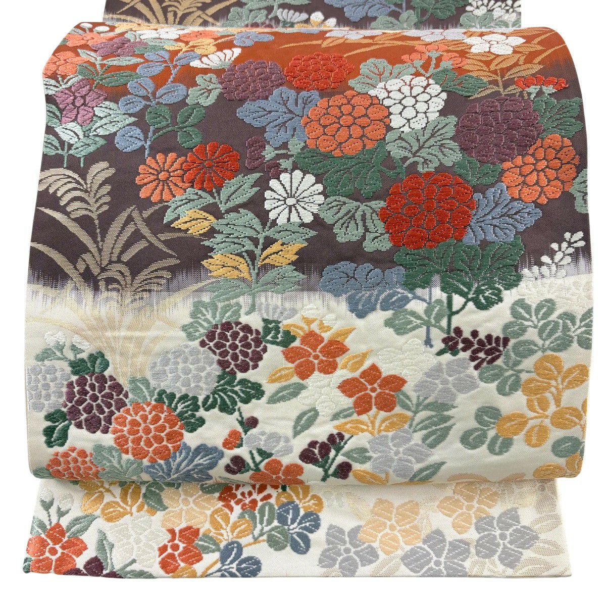 【美品】 袋帶 秀品級 草花紋紋 段紋刺繡 金金箔 灰白 六通 純蠶絲