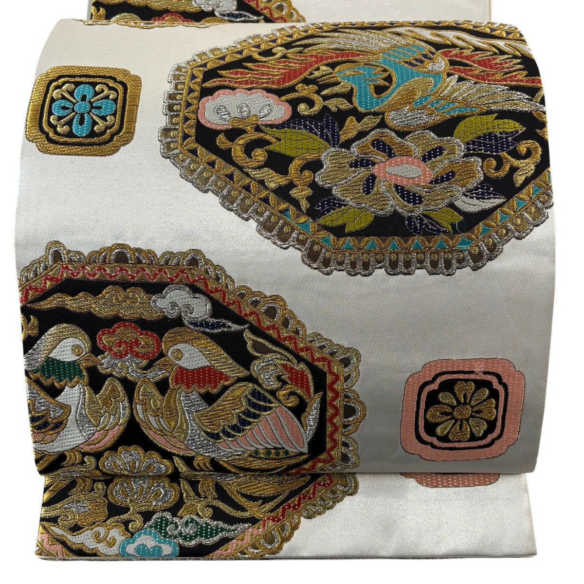 袋帶 秀品級 向鳥 花唐草紋 金銀絲 金金箔 銀 六通 純蠶絲