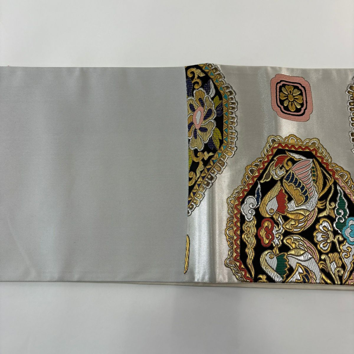 袋帶 秀品級 向鳥 花唐草紋 金銀絲 金金箔 銀 六通 純蠶絲