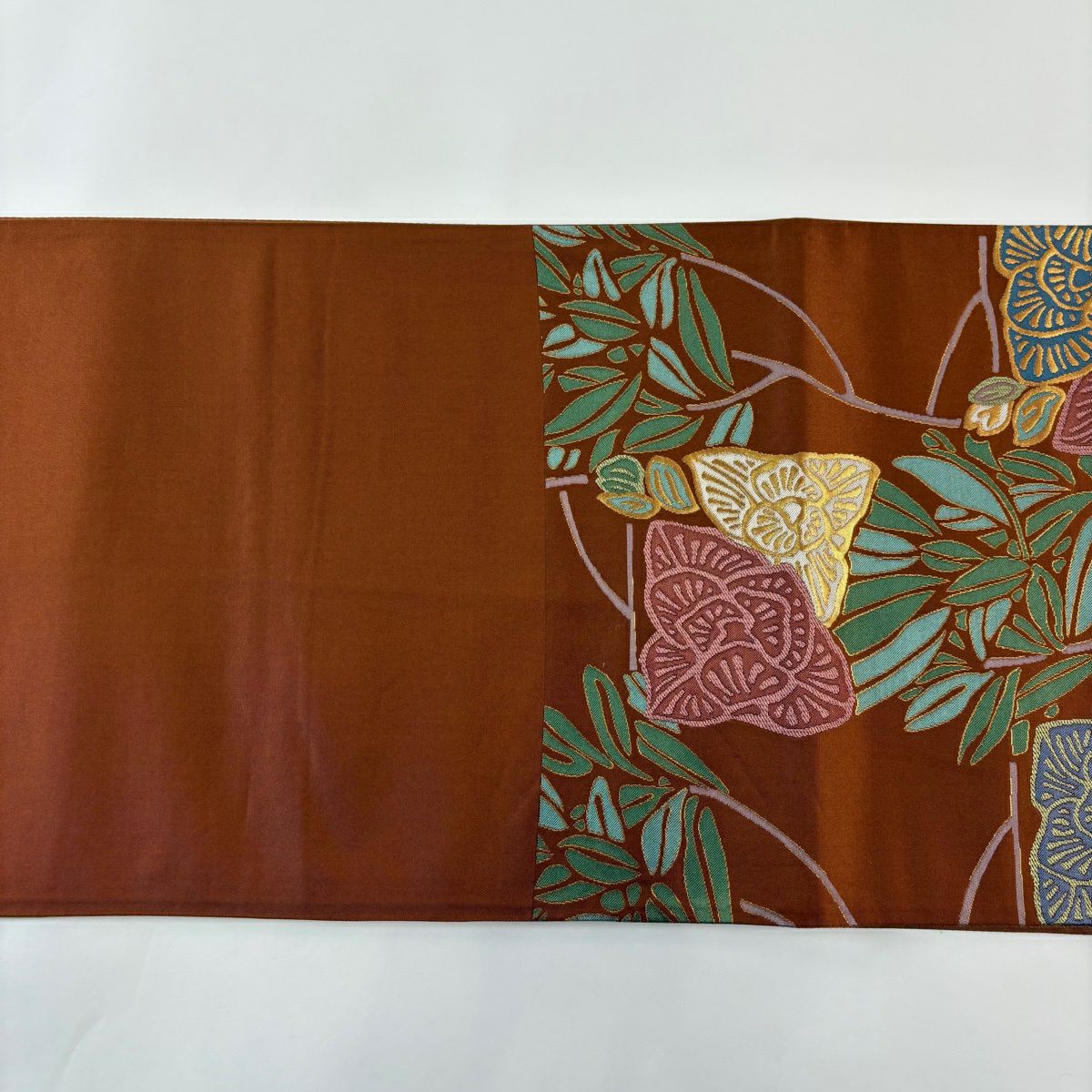 【美品】 袋帶 秀品級 枝花 金金箔 茶 六通 純蠶絲