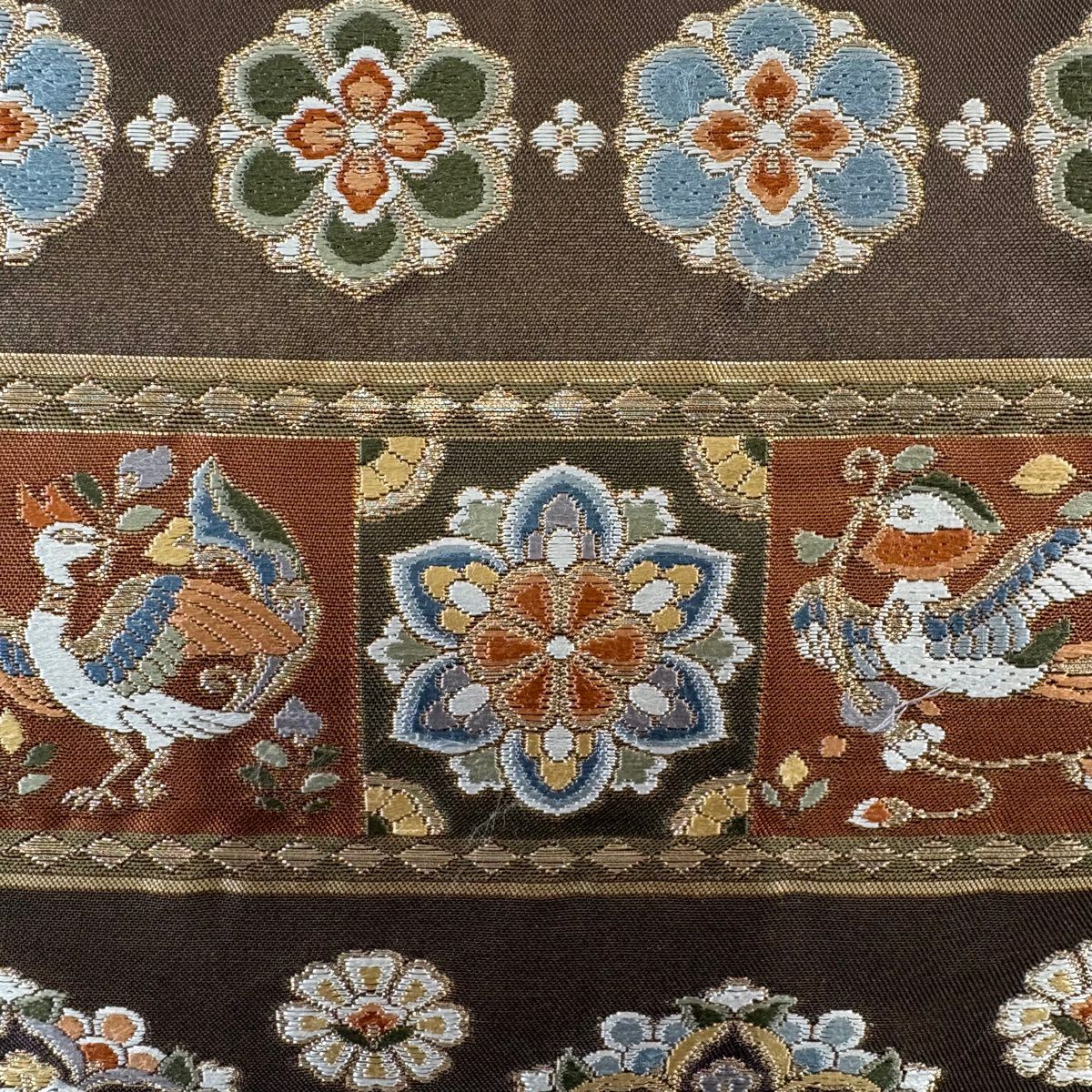 袋帶 秀品級 華紋 花喰鳥 螺鈿 金絲 茶 お太鼓圖案 純蠶絲
