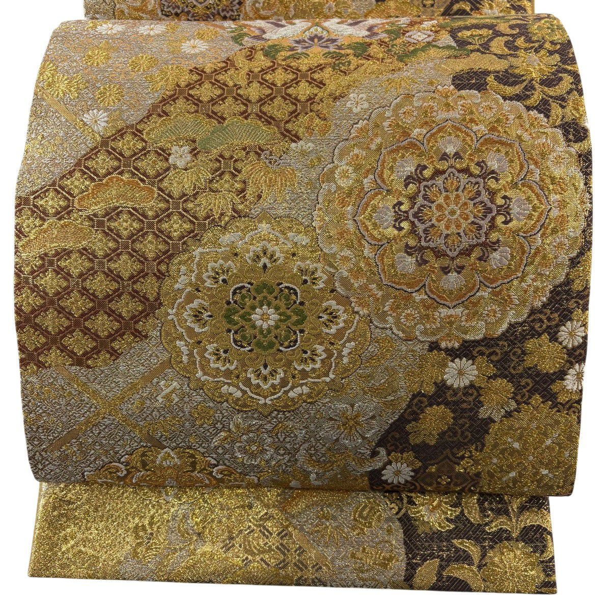 【美品】 袋帶 秀品級 大和 華紋 向鳥 金銀絲 金金箔 金色 六通 純蠶絲