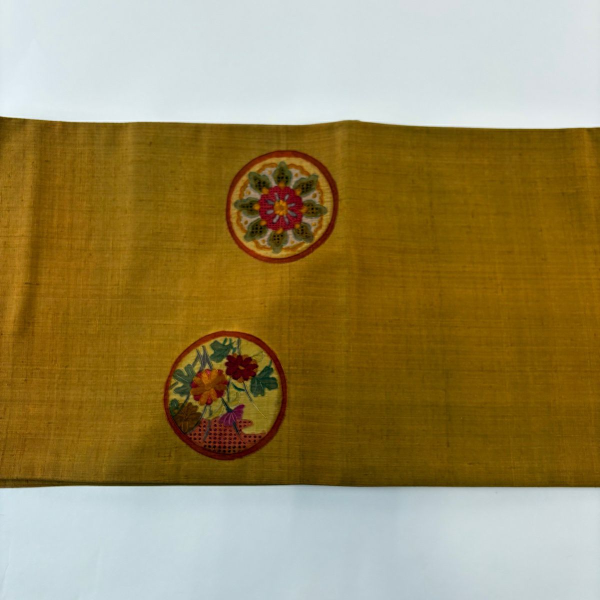 袋帶 秀品級 紬織織 華紋 秋草 刺繡 粉米色 大鼓圖案 純蠶絲