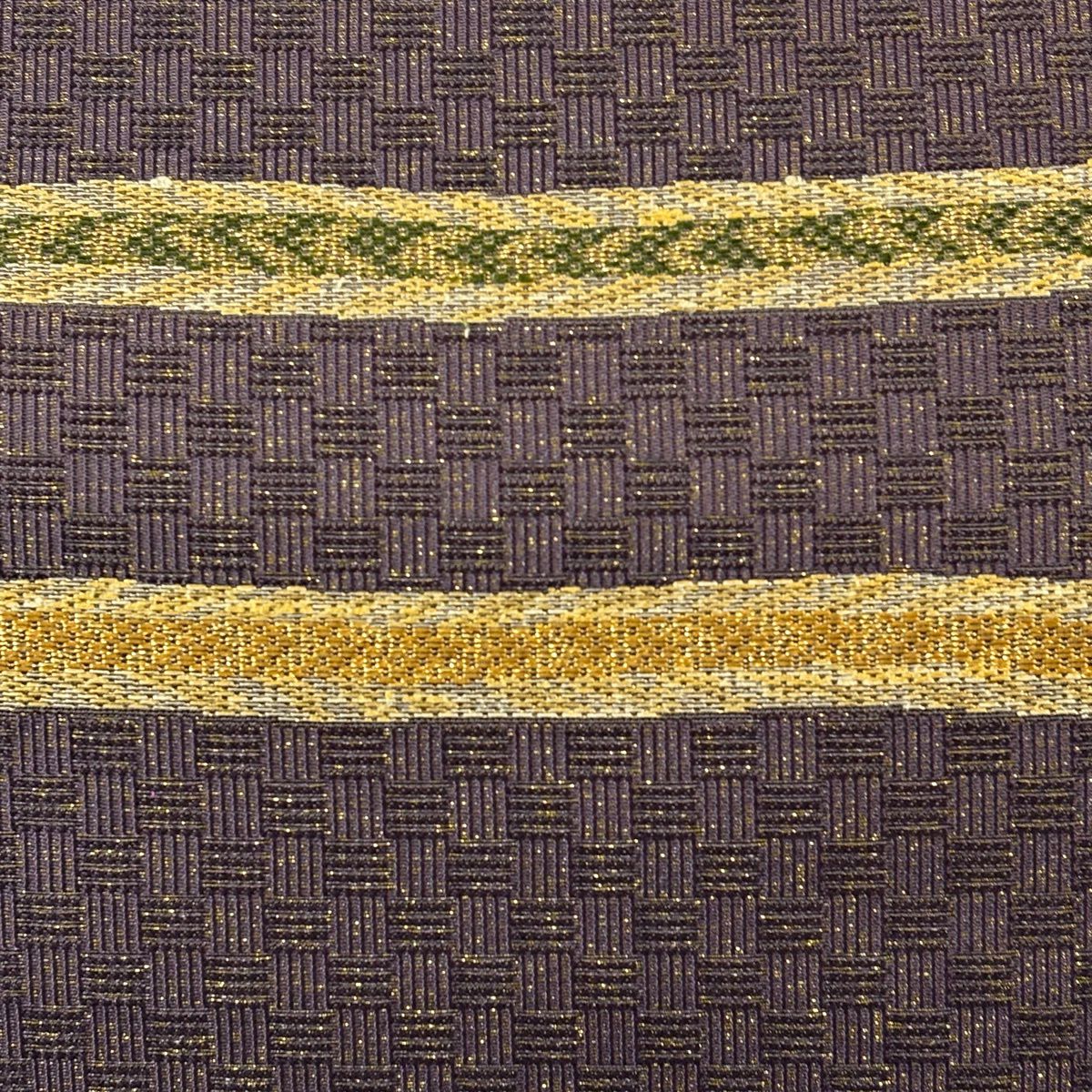 【美品】 袋帶 秀品級 段紋 幾何圖案 金絲 紫色 六通 純蠶絲