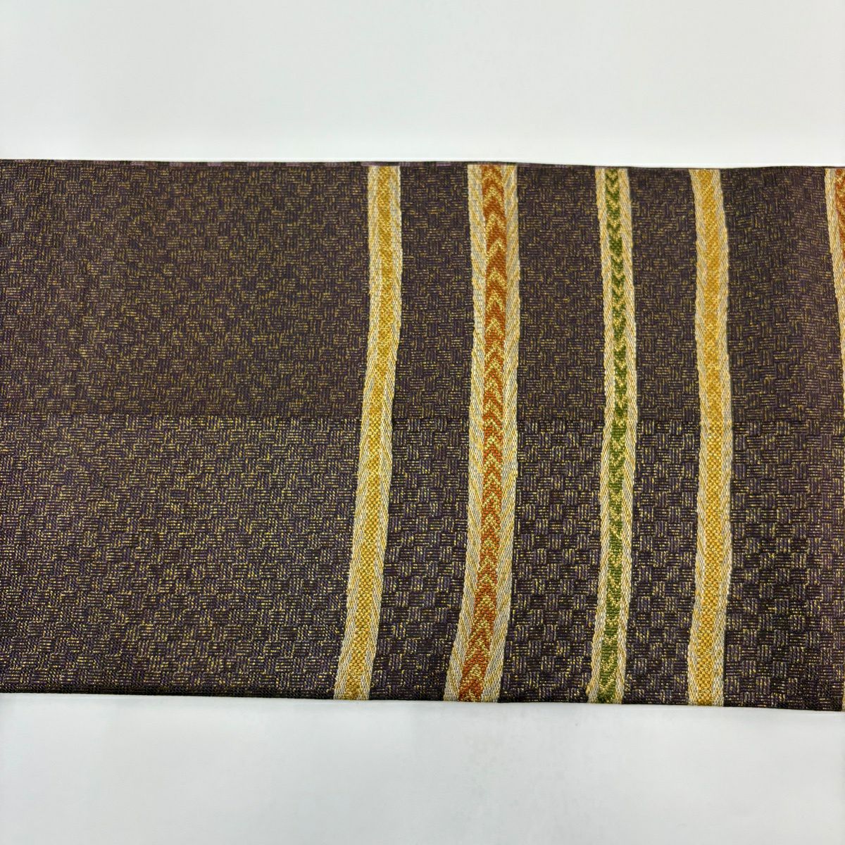 【美品】 袋帶 秀品級 段紋 幾何圖案 金絲 紫色 六通 純蠶絲