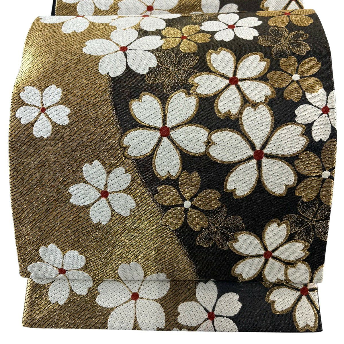 【美品】 袋帶 秀品級 櫻花 斜紋 金絲 黑 六通 純蠶絲