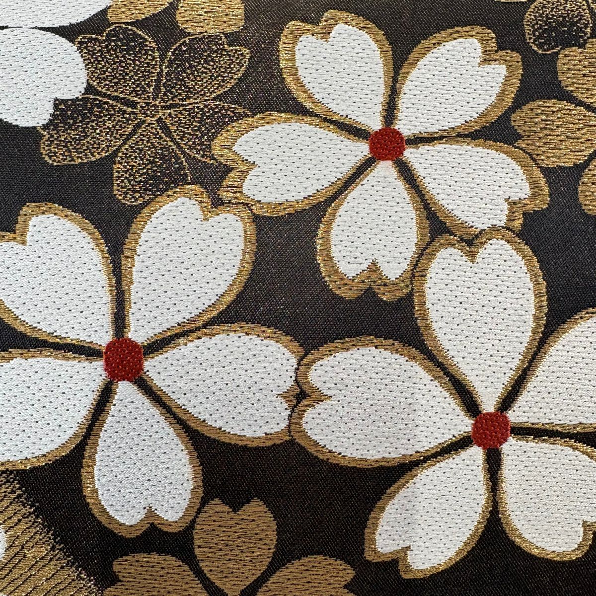 【美品】 袋帶 秀品級 櫻花 斜紋 金絲 黑 六通 純蠶絲