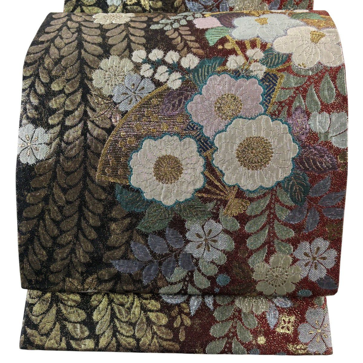 【美品】 袋帶 秀品級 振袖禮服禮服用 扇子 辻花染圖案 金金箔 金銀彩 紅黑 六通 純蠶絲