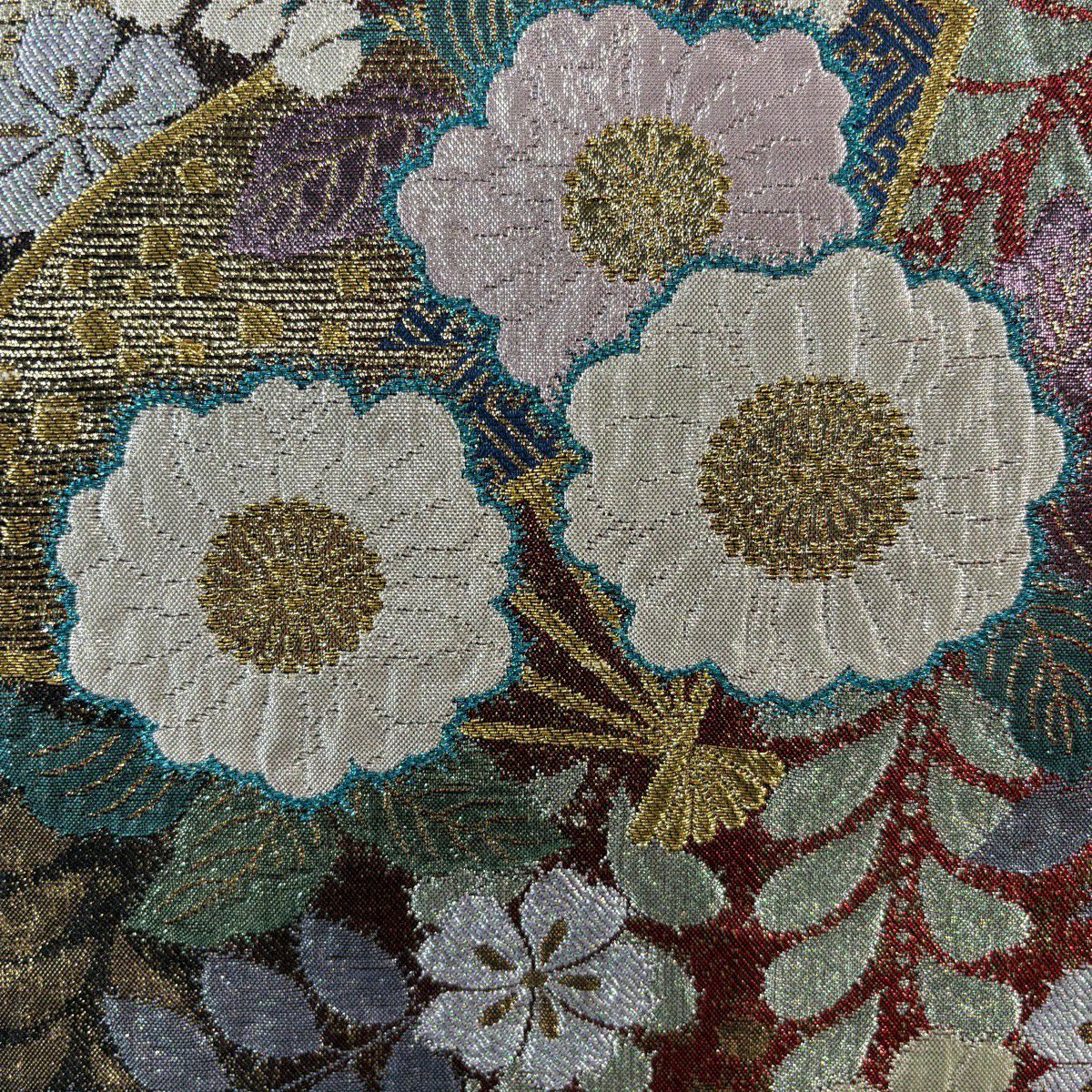 【美品】 袋帶 秀品級 振袖禮服禮服用 扇子 辻花染圖案 金金箔 金銀彩 紅黑 六通 純蠶絲