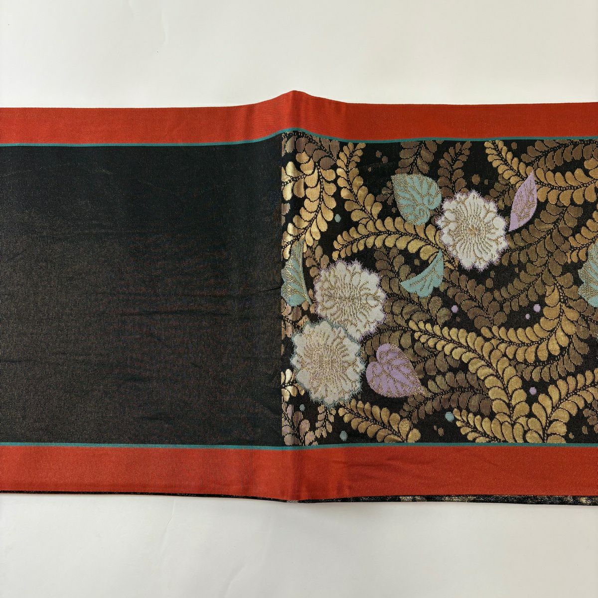 【美品】 袋帶 秀品級 振袖禮服禮服用 扇子 辻花染圖案 金金箔 金銀彩 紅黑 六通 純蠶絲