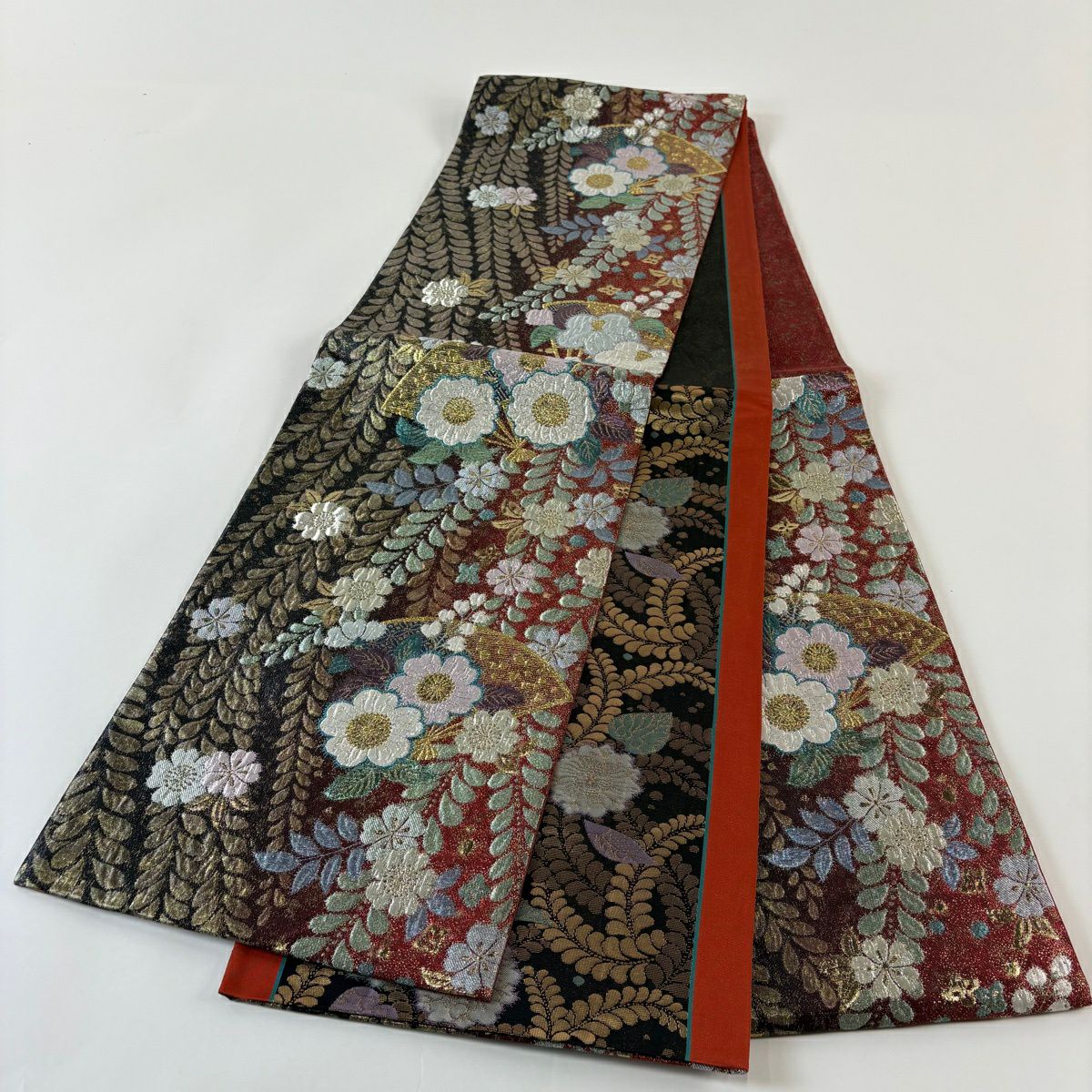 【美品】 袋帶 秀品級 振袖禮服禮服用 扇子 辻花染圖案 金金箔 金銀彩 紅黑 六通 純蠶絲