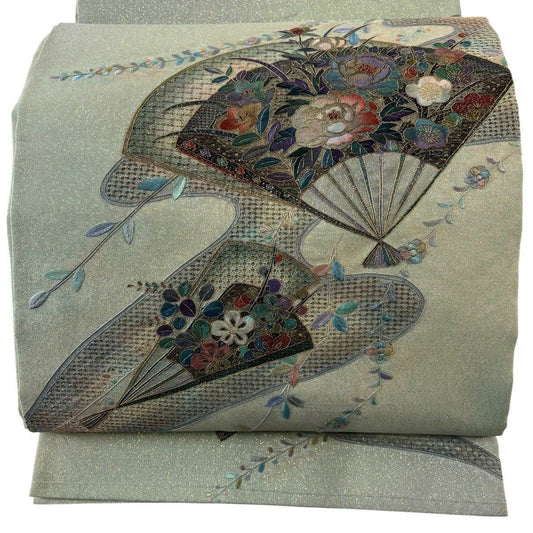 袋帶 秀品級 關西仕立 花扇子 霞 刺繡 金金箔 淺綠 お太鼓圖案 純蠶絲