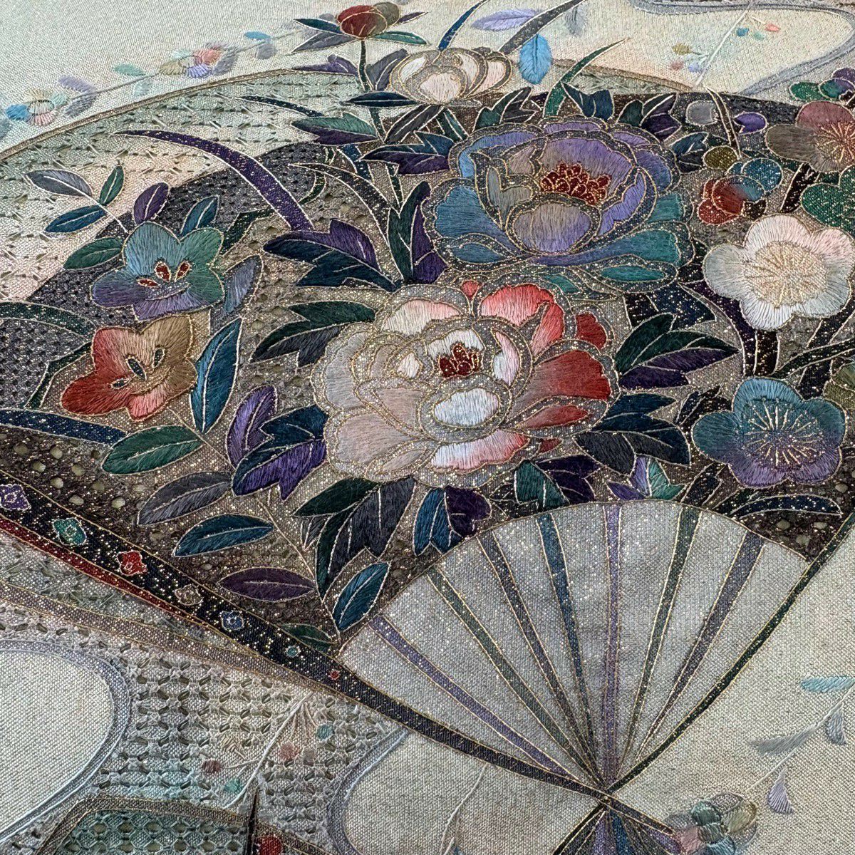 袋帶 秀品級 關西仕立 花扇子 霞 刺繡 金金箔 淺綠 お太鼓圖案 純蠶絲