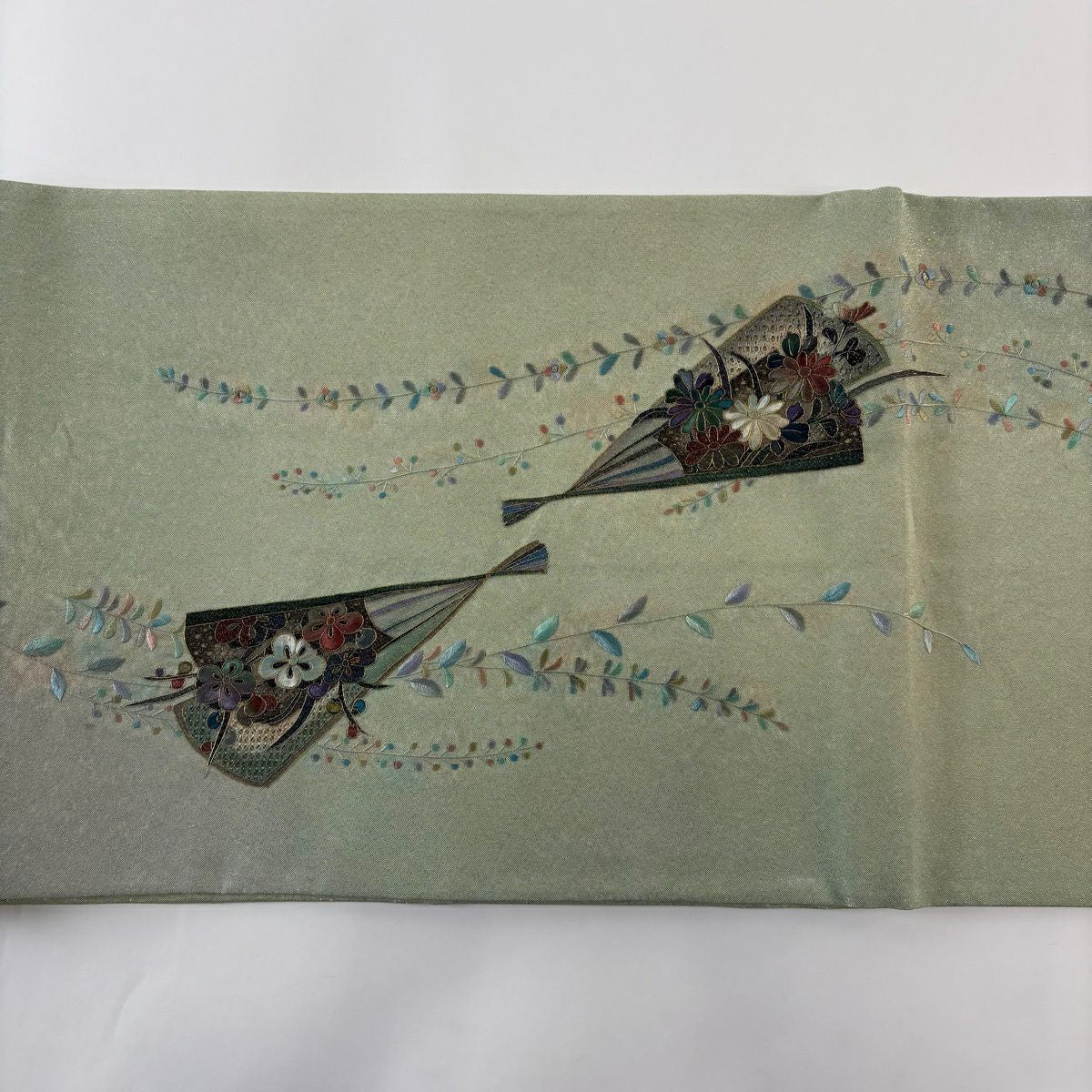 袋帶 秀品級 關西仕立 花扇子 霞 刺繡 金金箔 淺綠 お太鼓圖案 純蠶絲