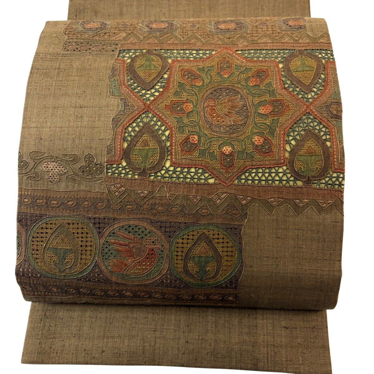 【美品】 袋帶 秀品級 紬織織 華紋 鳥 刺繡 焦茶 金銀彩 正蠶絲