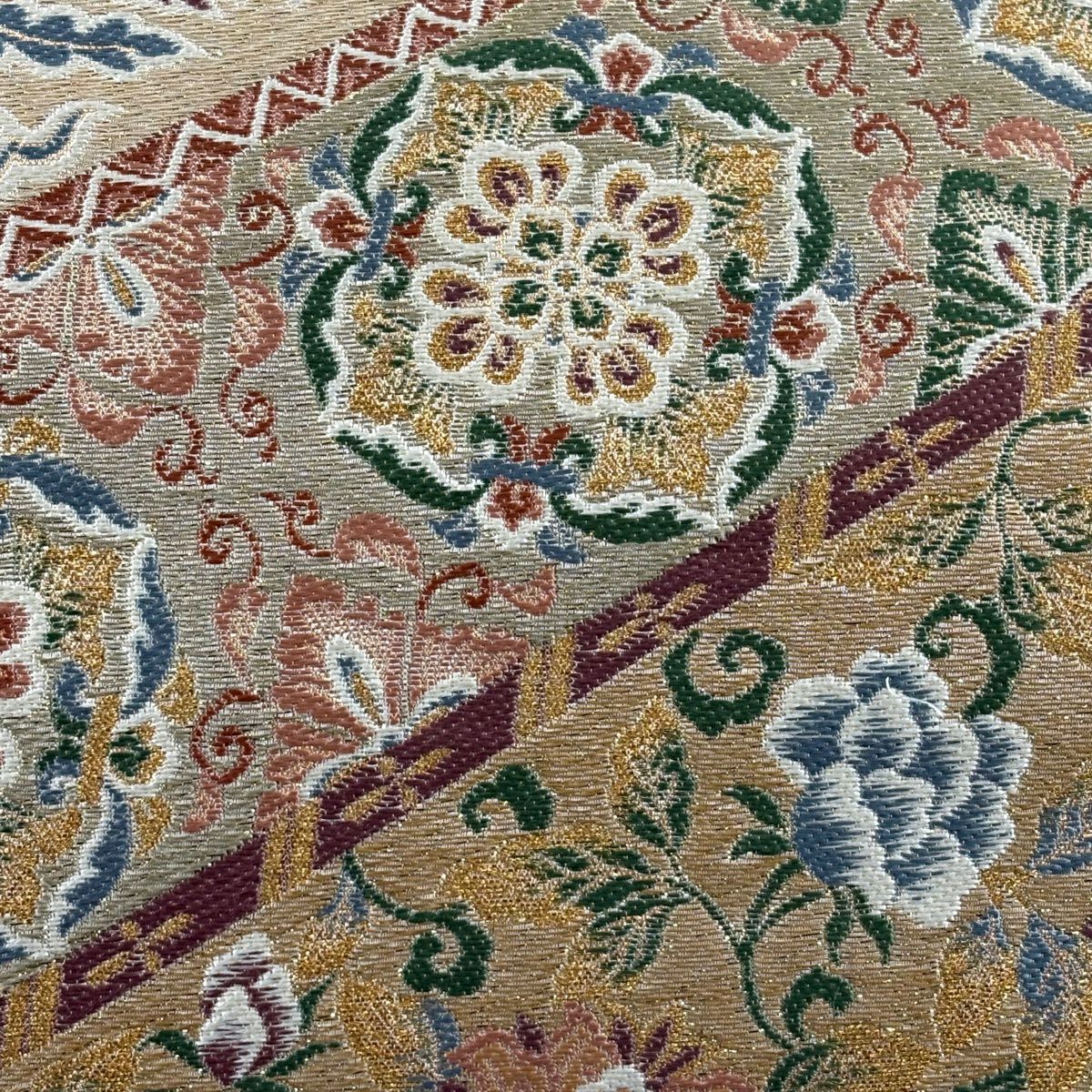袋帶 秀品級 華紋 花唐草紋 金金箔 金絲 山吹茶 六通 純蠶絲