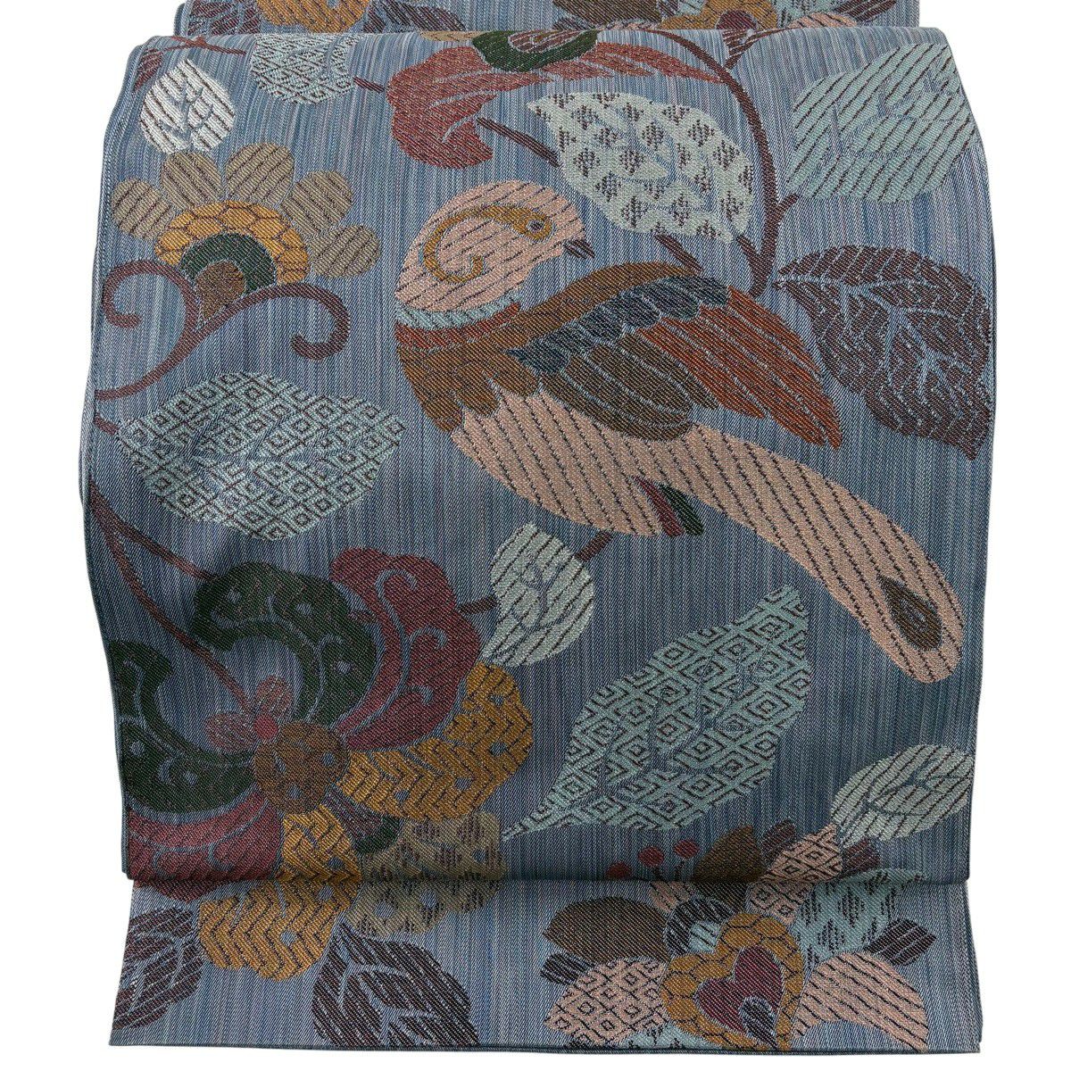 【美品】 袋帶 秀品級 鳥 草花紋 金銀彩 青灰 深藍 六通 純蠶絲
