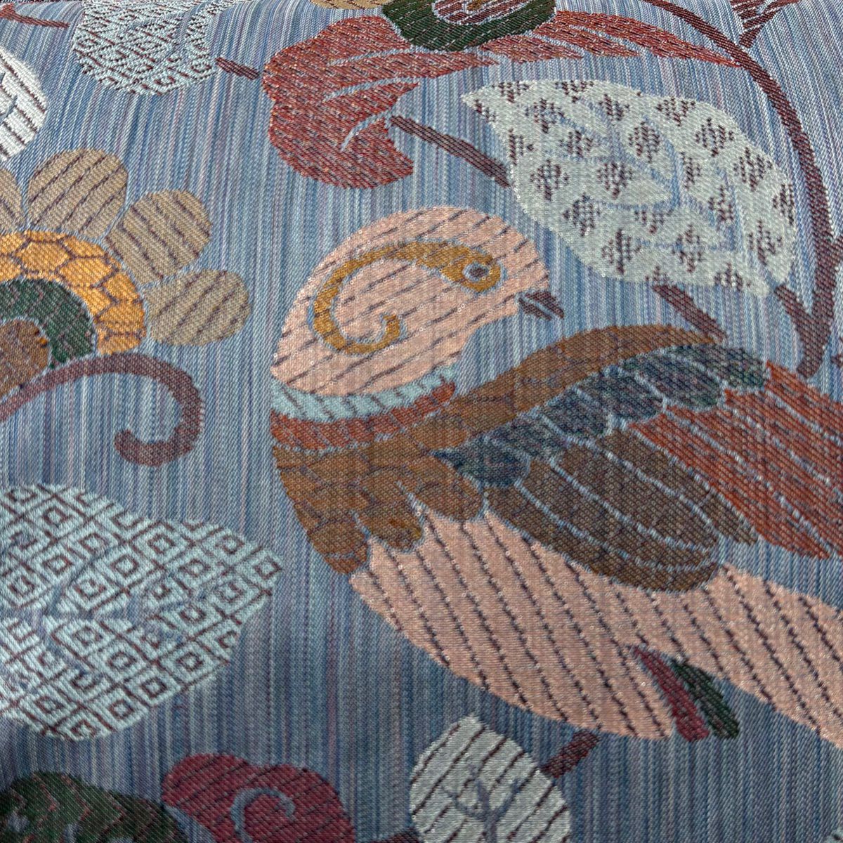 【美品】 袋帶 秀品級 鳥 草花紋 金銀彩 青灰 深藍 六通 純蠶絲