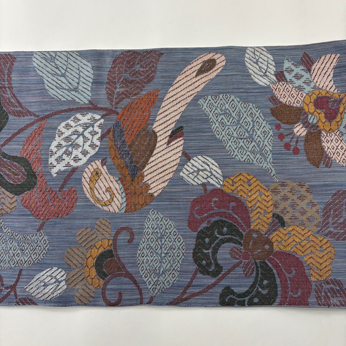 【美品】 袋帶 秀品級 鳥 草花紋 金銀彩 青灰 深藍 六通 純蠶絲