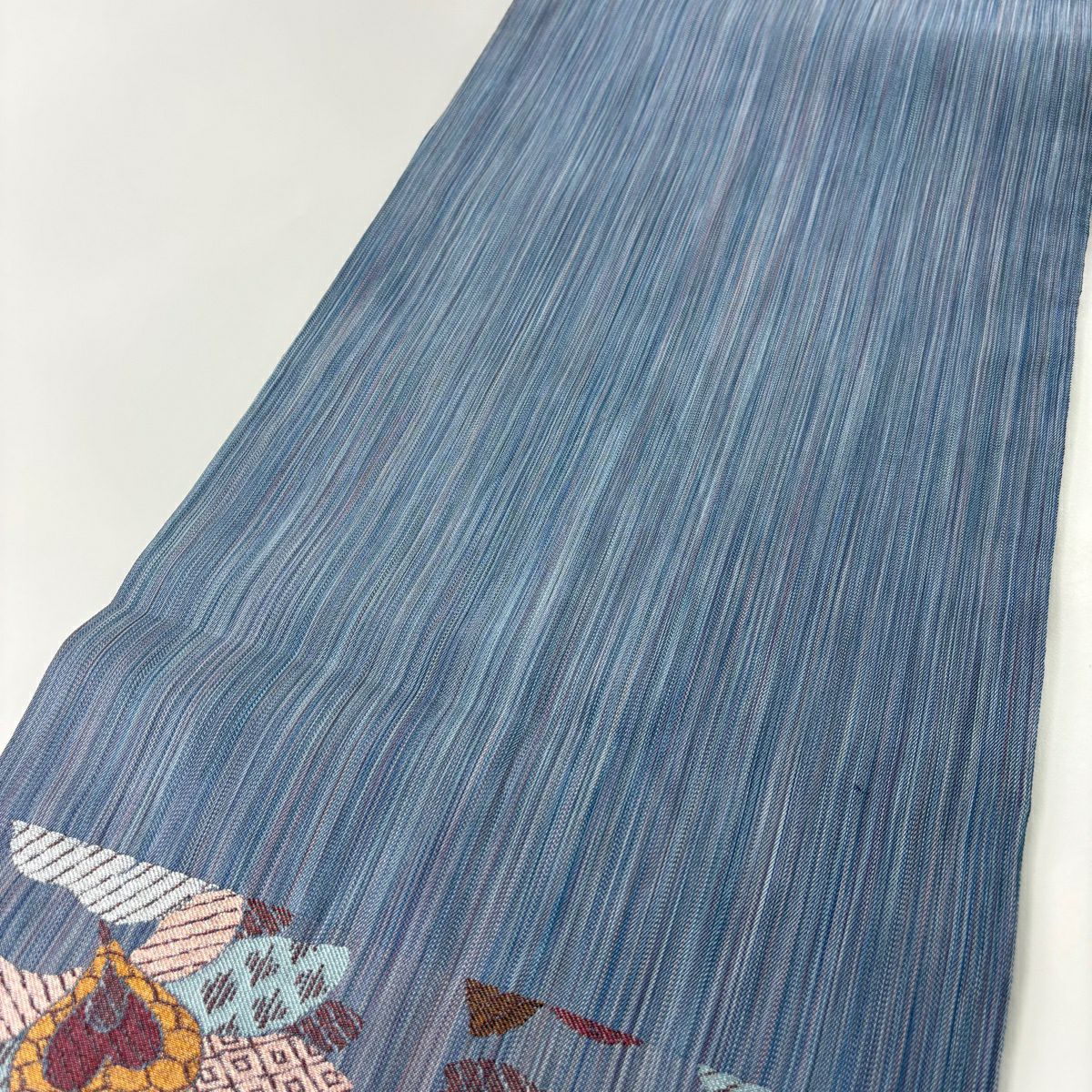 【美品】 袋帶 秀品級 鳥 草花紋 金銀彩 青灰 深藍 六通 純蠶絲