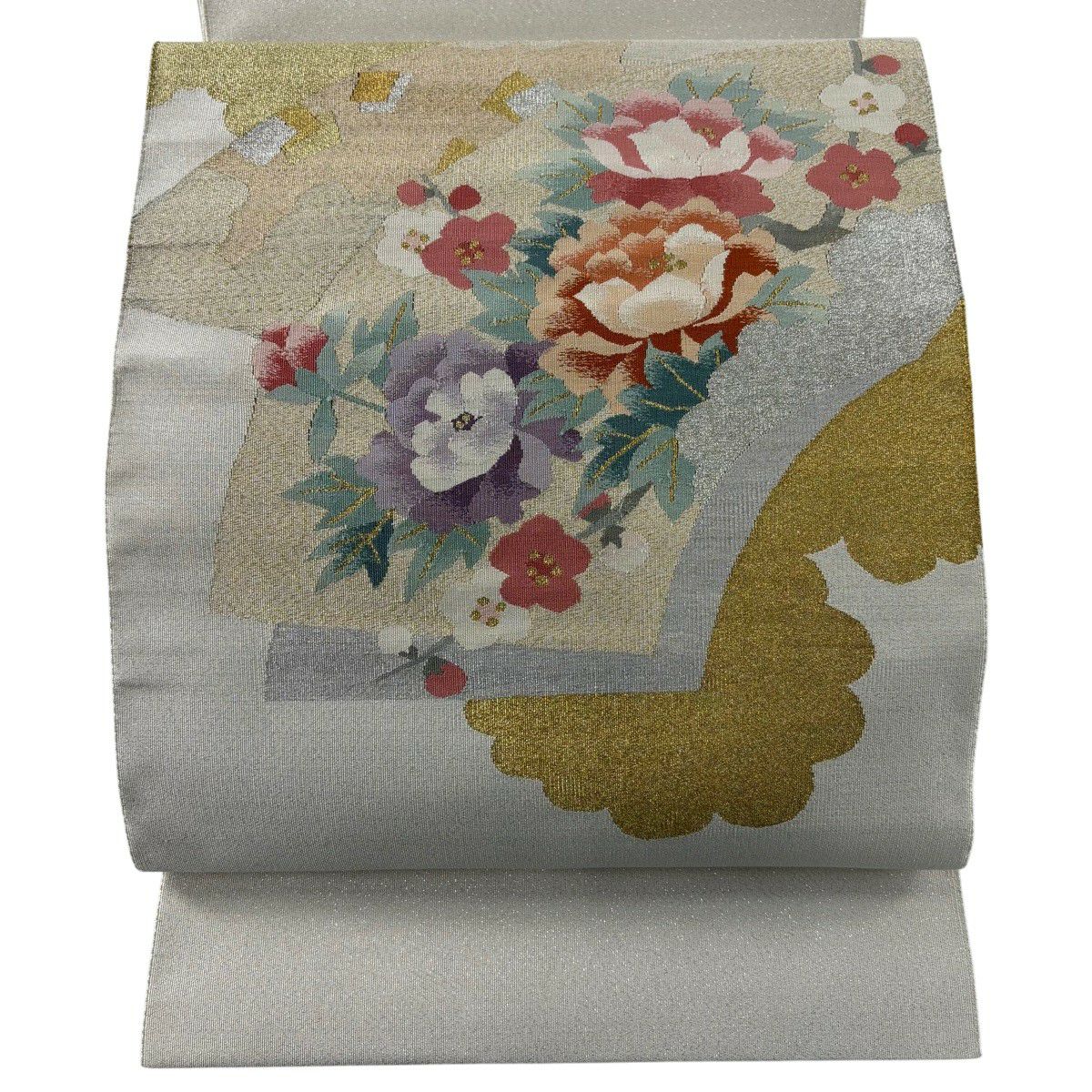 【美品】名古屋帶 優品級 八寸名古屋帶 松樹葉仕立 扇子面 牡丹 金銀彩 米色 純蠶絲