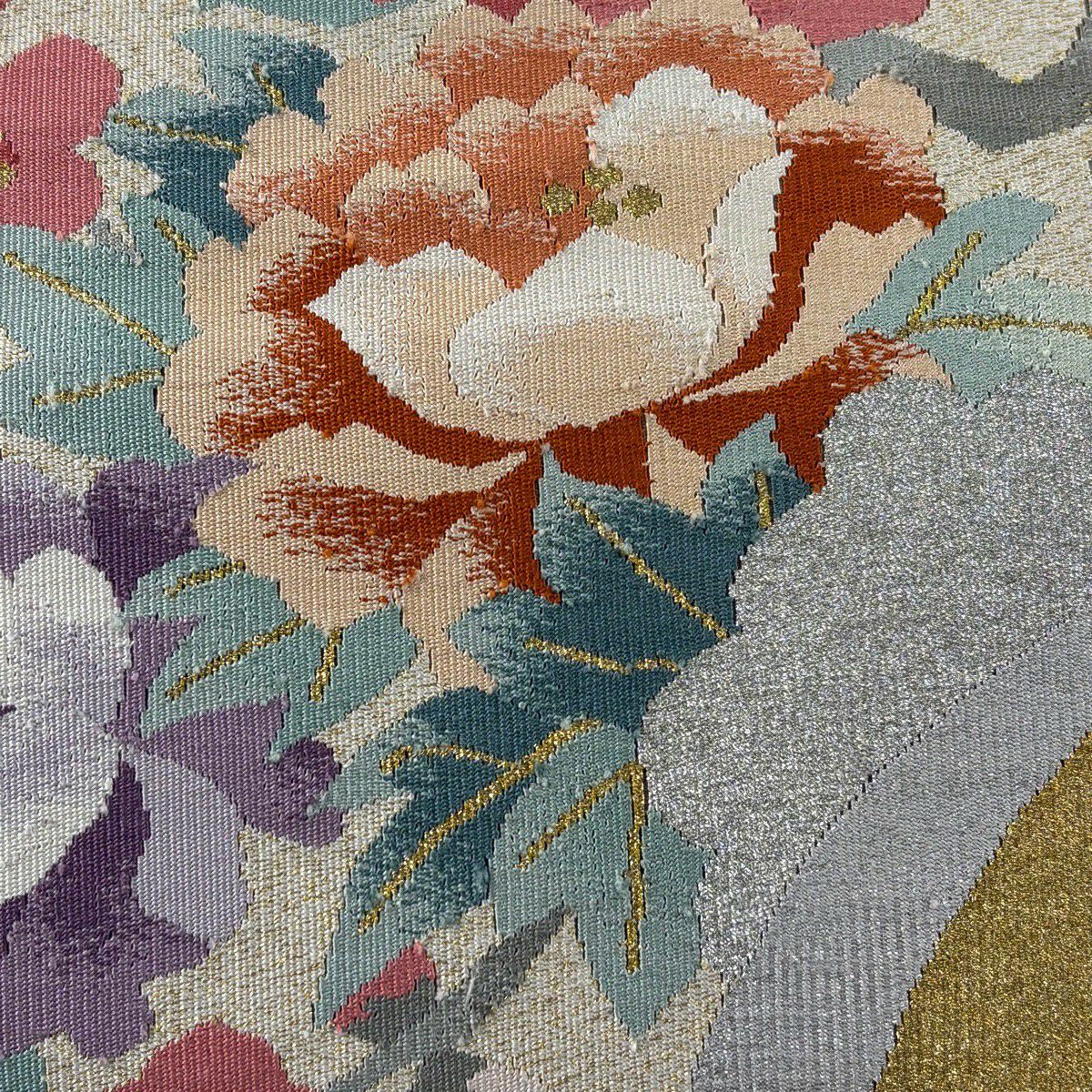 【美品】名古屋帶 優品級 八寸名古屋帶 松樹葉仕立 扇子面 牡丹 金銀彩 米色 純蠶絲