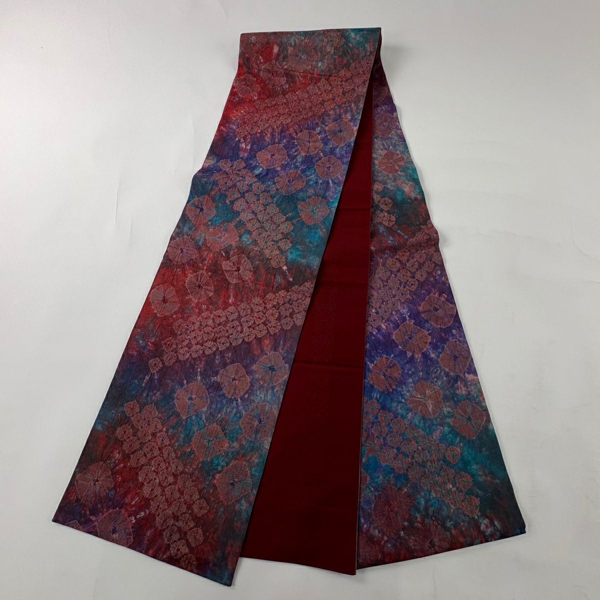 【美品】 袋帶 秀品級 幾何學 絞染 深紅色 全通 純蠶絲