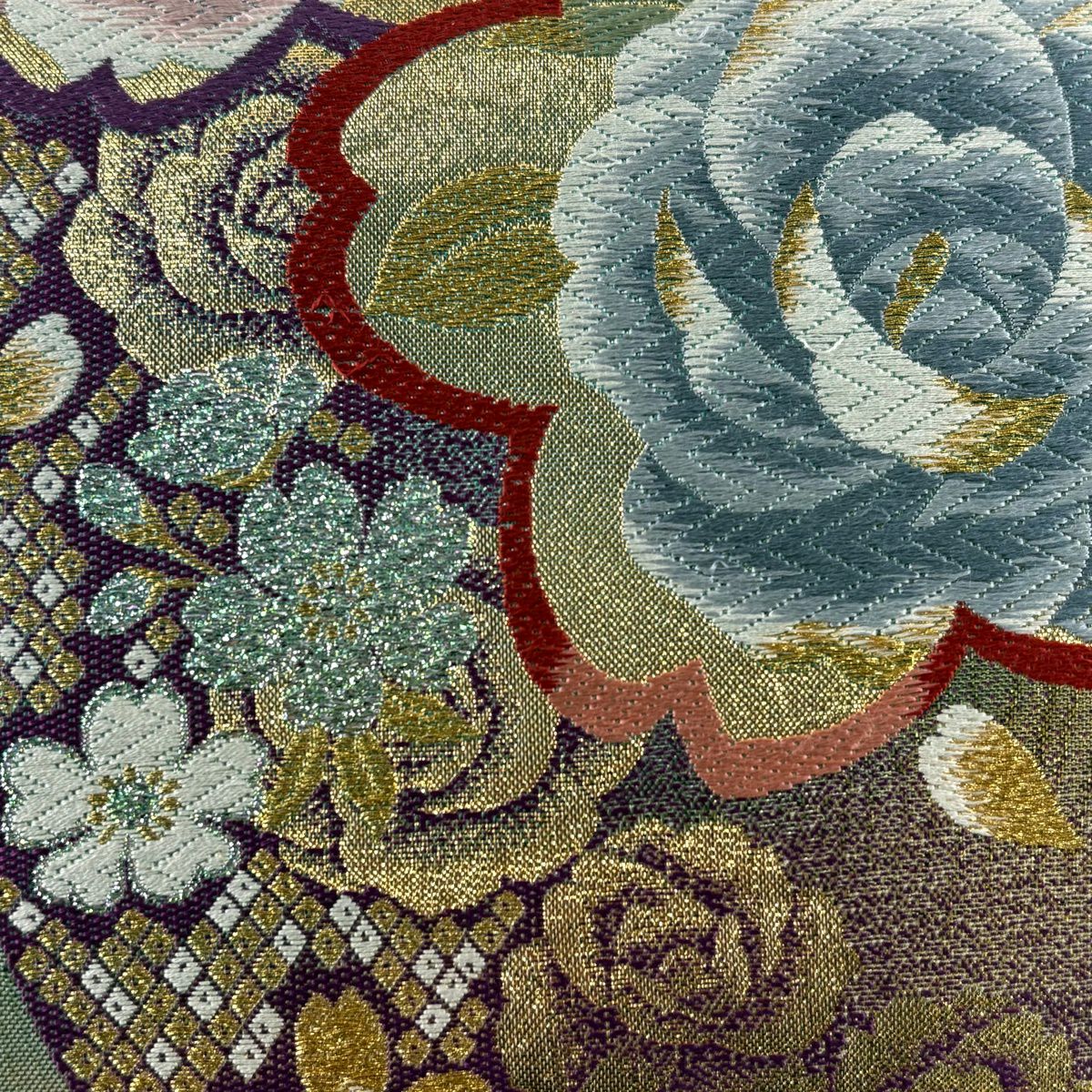 【美品】 袋帶 秀品級 薔薇 櫻花 唐織 金金箔 淺青綠 六通 純蠶絲