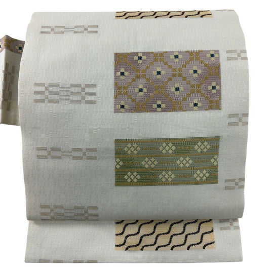 【美品】名古屋帶 秀品級 雜色條紋 條紋 奶油色 純蠶絲