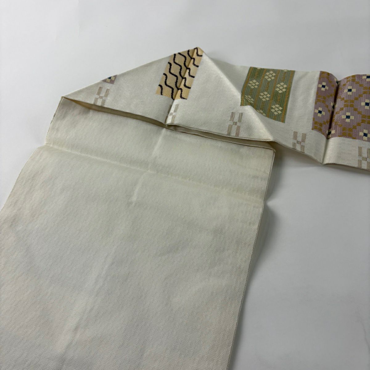 【美品】名古屋帶 秀品級 雜色條紋 條紋 奶油色 純蠶絲