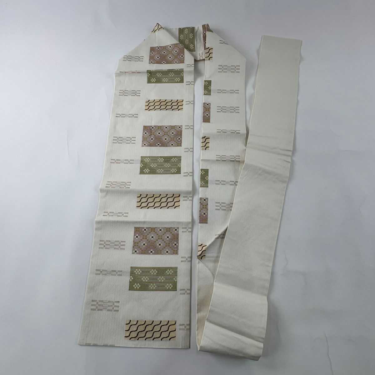 【美品】名古屋帶 秀品級 雜色條紋 條紋 奶油色 純蠶絲
