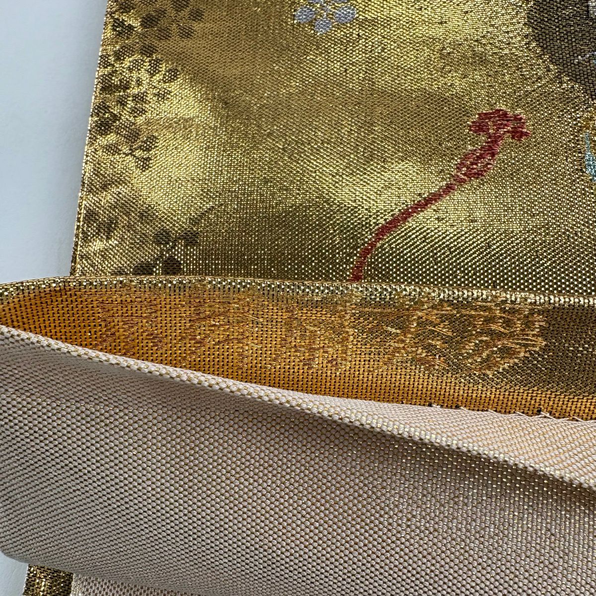 袋帶 秀品級 京舞扇子美夢 鏡裏文 枝梅花 金金箔 金色 六通 純蠶絲