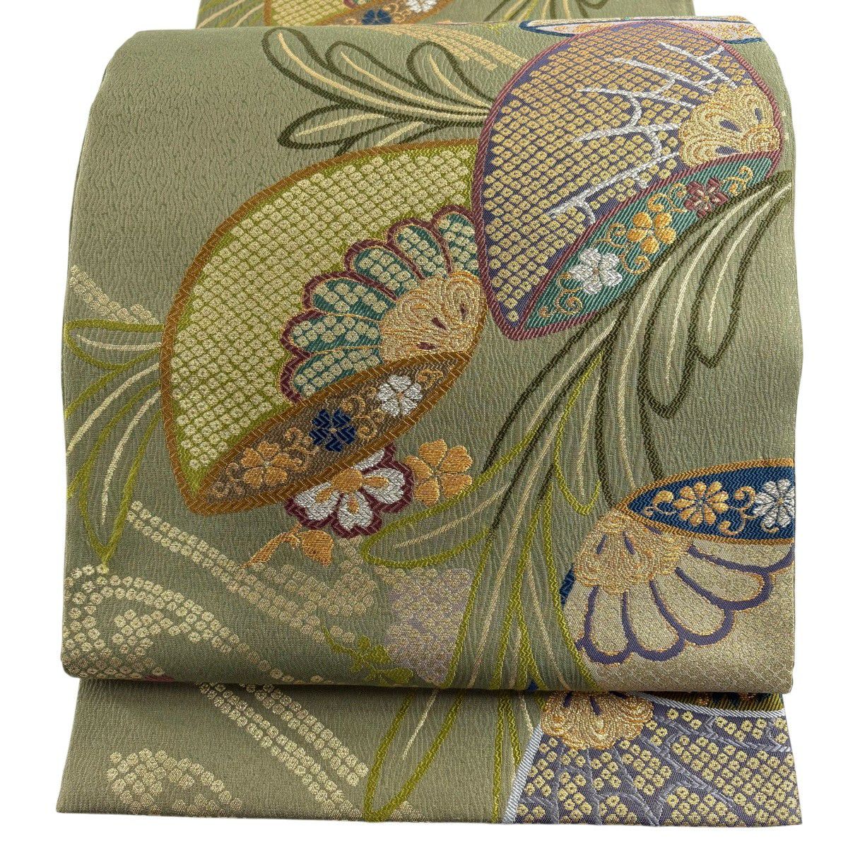 【美品】 袋帶 秀品級 菊花花 櫻花花 金金箔 唐織 抹茶 深藍 六通 純蠶絲