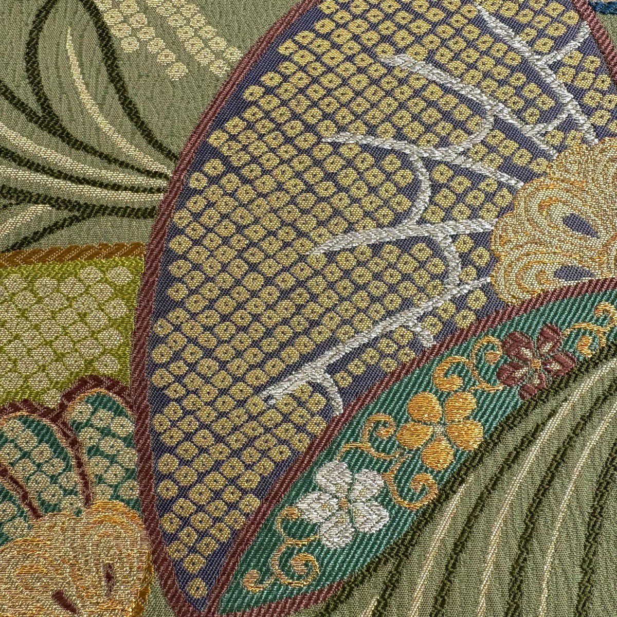 【美品】 袋帶 秀品級 菊花花 櫻花花 金金箔 唐織 抹茶 深藍 六通 純蠶絲