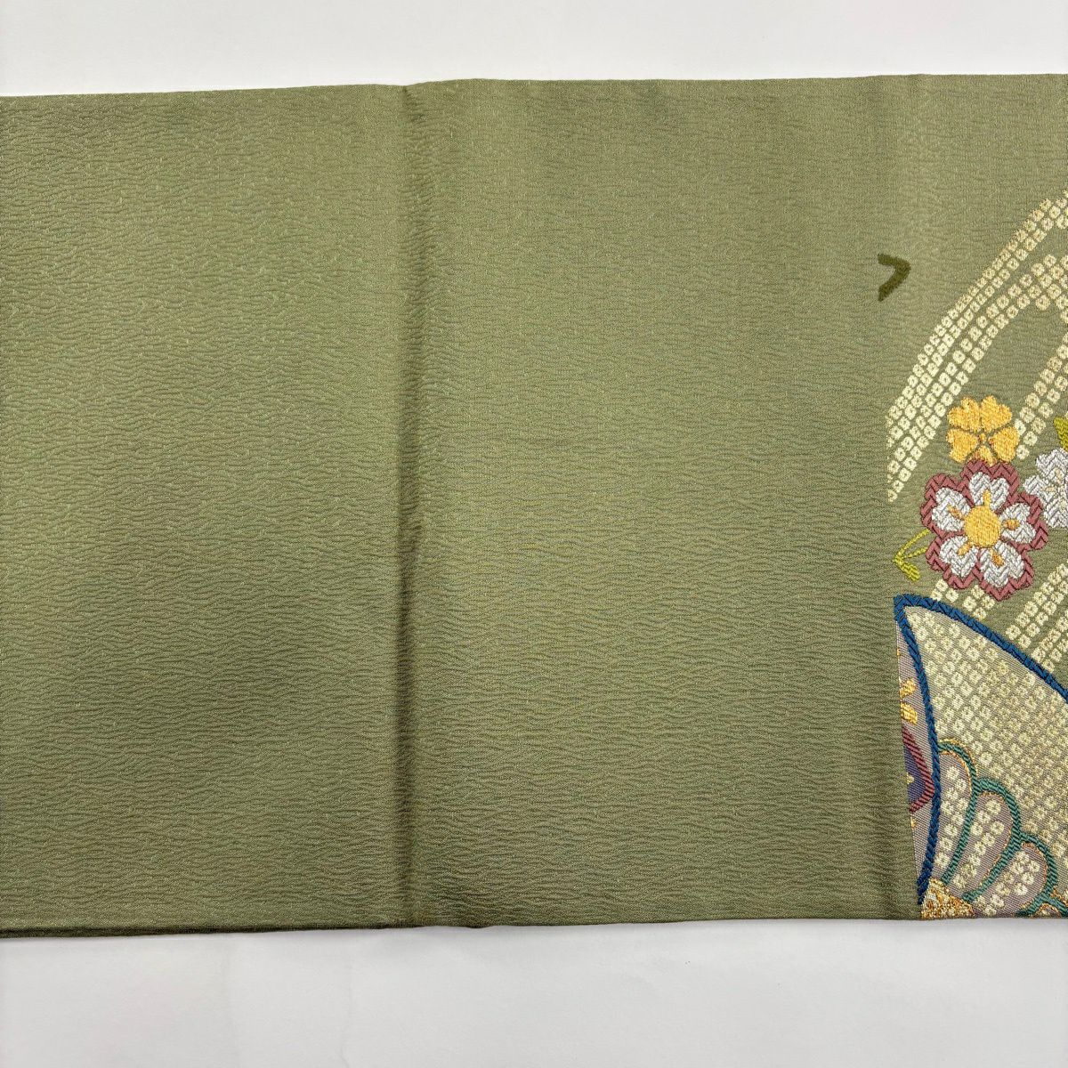 【美品】 袋帶 秀品級 菊花花 櫻花花 金金箔 唐織 抹茶 深藍 六通 純蠶絲