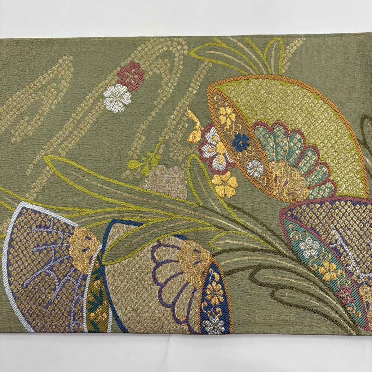 【美品】 袋帶 秀品級 菊花花 櫻花花 金金箔 唐織 抹茶 深藍 六通 純蠶絲
