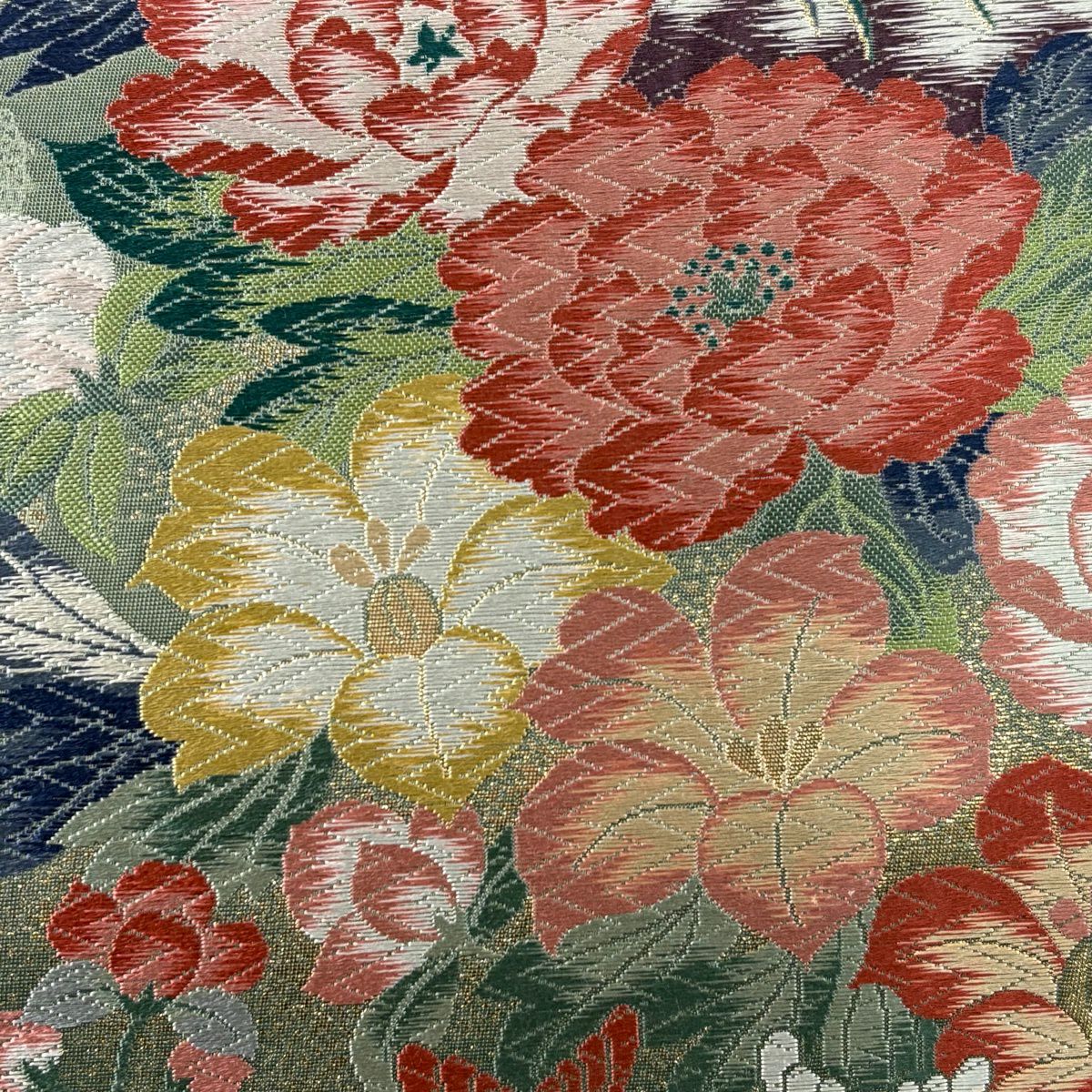【美品】 袋帶 秀品級 草花紋紋 鴛鴦 唐織 金金箔 灰綠 六通 純蠶絲