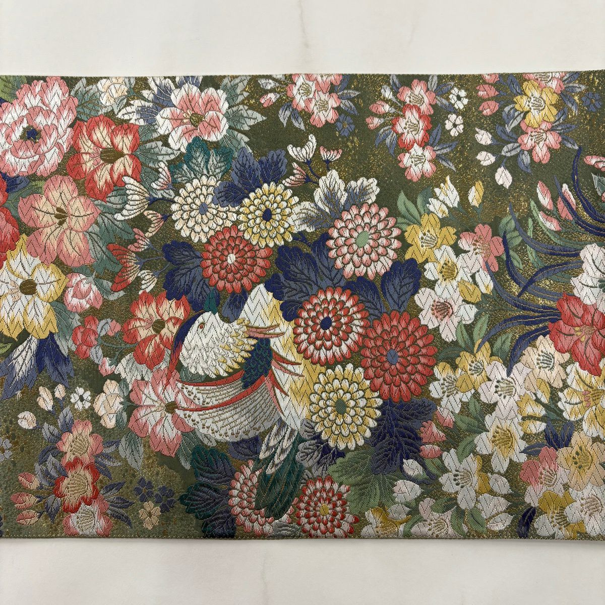 【美品】 袋帶 秀品級 草花紋紋 鴛鴦 唐織 金金箔 灰綠 六通 純蠶絲