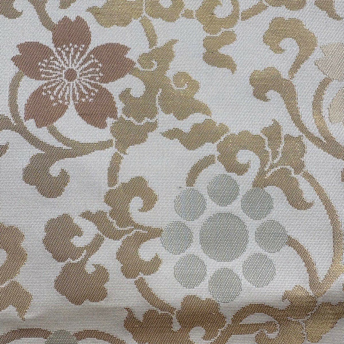 袋帶 秀品級 花唐草紋 金金箔 米色 六通 純蠶絲